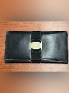 Salvatore Ferragamo Black and Gold Grosgrain Buckle Detail